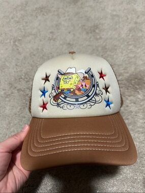 SpongeBob Squarepants Cream and Brown Trucker Hat with Red & Blue Stars